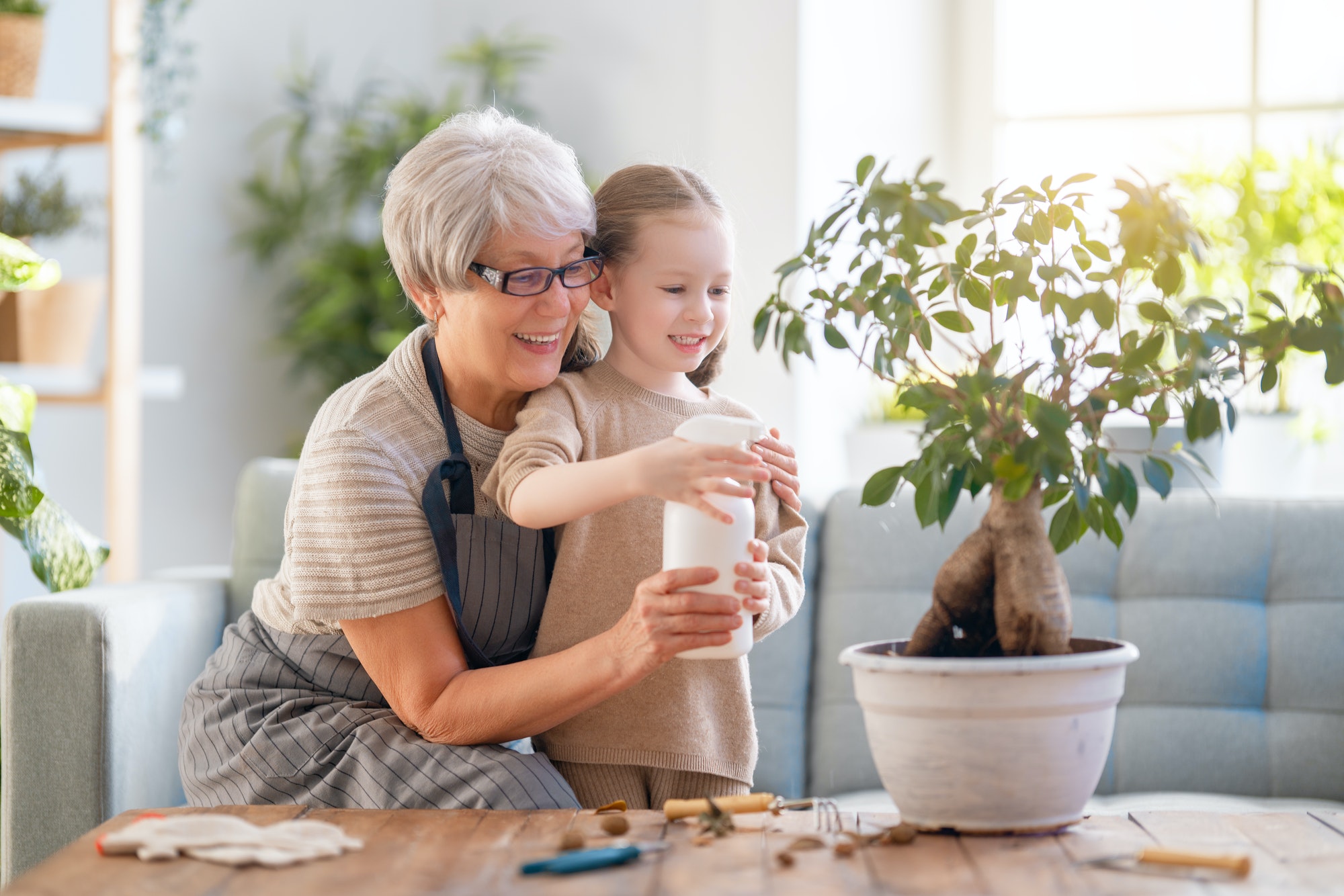 Family caring for plants.